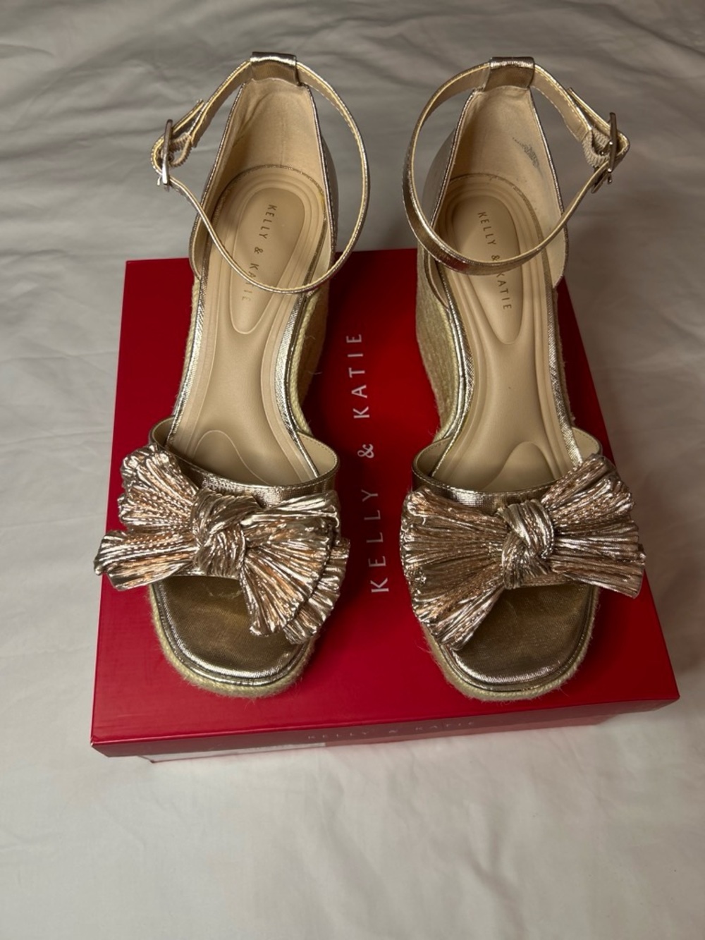 Kelly & Katie Metallic Gold Bow Ankle-Strap Wedge Sandals
